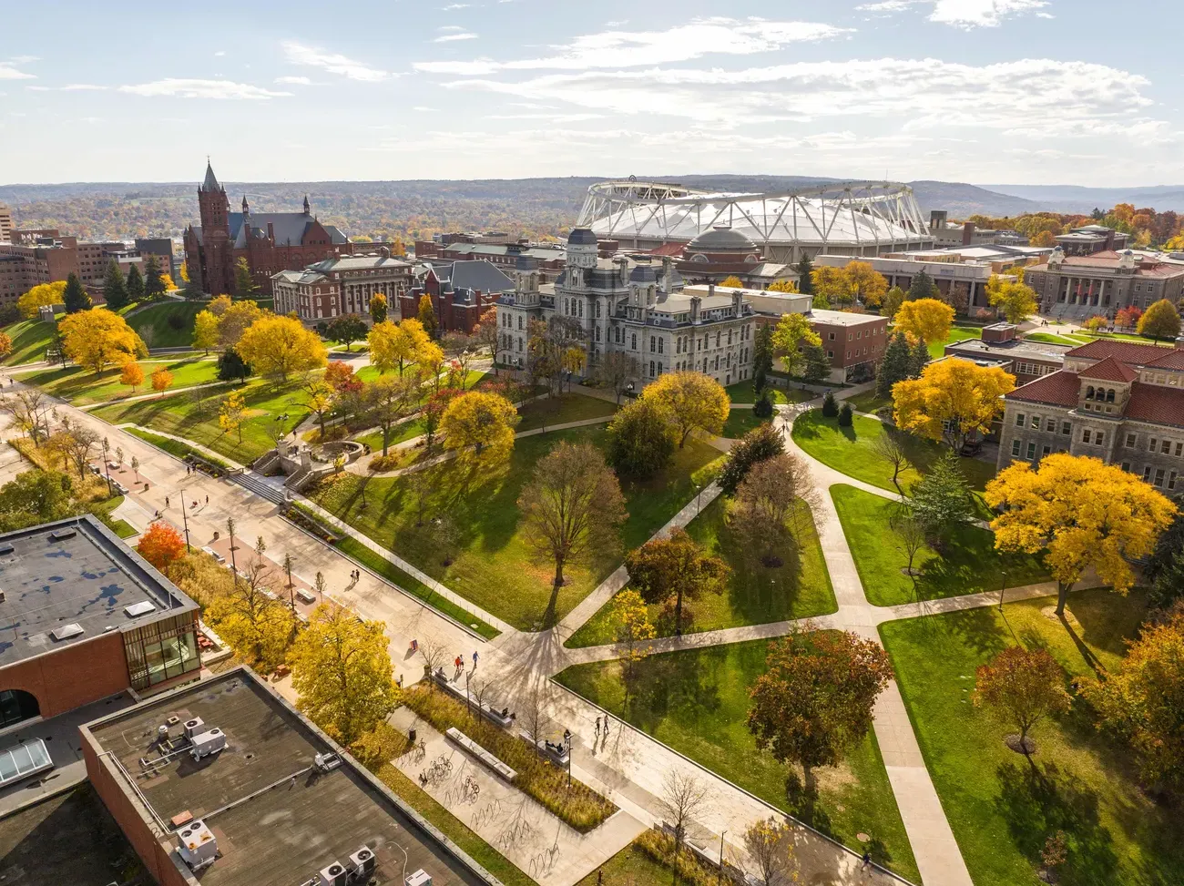 Aerial drone image of campus during the fall.